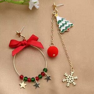 Festive Christmas Earrings with Red Bow and Tree Charm